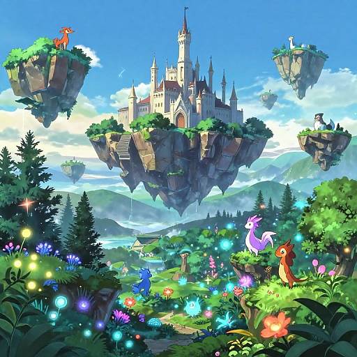 Fantasy digital painting of floating islands with a majestic castle, vibrant flora, colorful glowing flowers, and whimsical creatures under a bright blue sky.