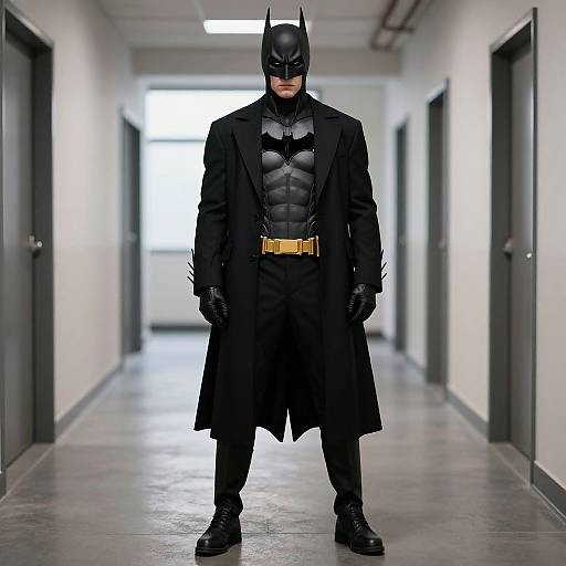 Photograph of Batman in a black, long coat, mask, gloves, and boots, standing in a bright, empty hallway with doors on both sides