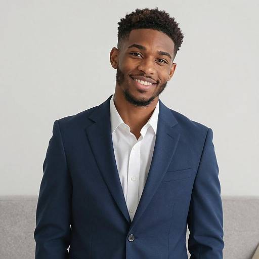 Photograph of a smiling, attractive young Black man with short curly hair, wearing a navy blue suit and white dress shirt, against a plain white background