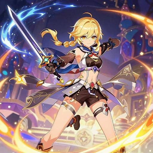 Digital anime-style drawing of a blonde, green-eyed warrior woman with a braid, holding a glowing sword, in a dynamic, colorful battle pose,