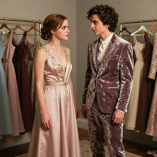 Elegant Fashion Portrait of Young Couple in Dressing Room