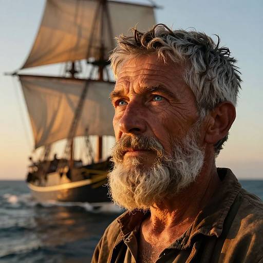 Photograph of an older man with a white beard and gray hair, wearing a brown shirt, gazing at a large ship with tall sails in the