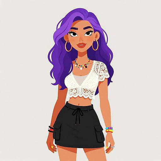 Digital illustration of a confident woman with long purple hair, wearing a white lace crop top, black skirt, large hoop earrings, colorful bracelets, and red