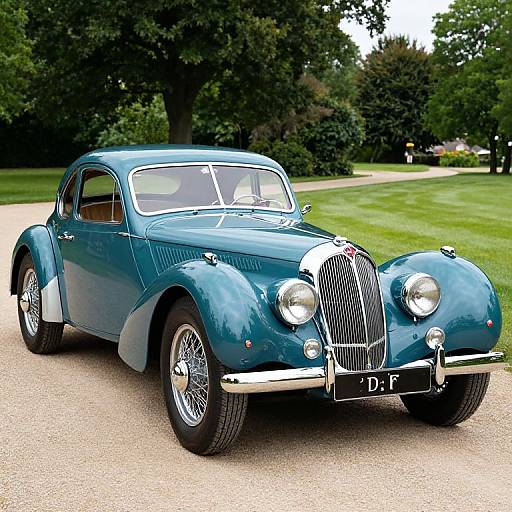 Photograph of a classic blue vintage car with chrome accents, wire-spoked wheels, and a prominent grille, parked on a gravel driveway in a lush