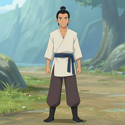 Digital anime-style drawing of a young man with black hair in a topknot, wearing a white martial arts gi, black pants, and black boots