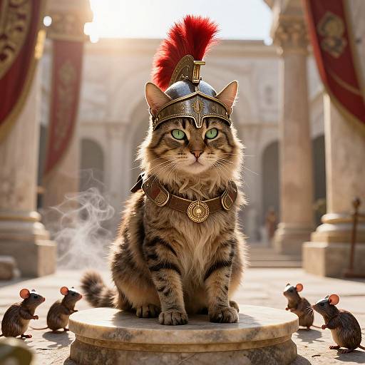 Digital artwork of a regal tabby cat wearing Roman soldier helmet with red plume, gold collar, and coin, surrounded by tiny mice, in