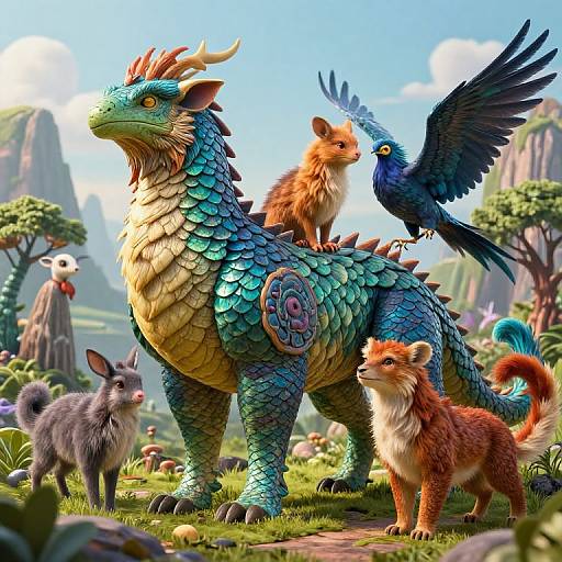 Digital fantasy artwork of a blue-scaled, dragon-like creature with horns, surrounded by foxes, a bird, and a gray rabbit in a vibrant
