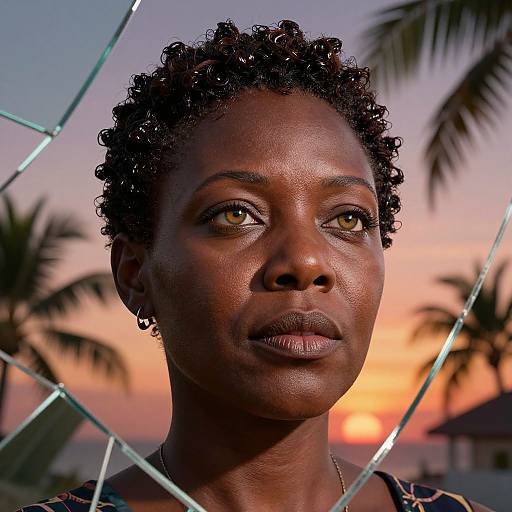 Photograph of a dark-skinned, curly-haired woman with golden eyes, wearing a patterned shirt, framed by broken glass against a sunset with palm