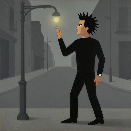 Digital anime-style drawing of a spiky-haired man in black clothes, standing on a foggy, empty street, touching a glowing streetlamp.