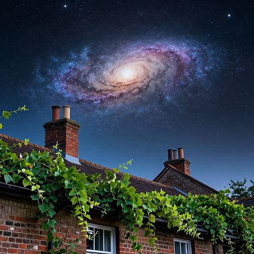 Photograph of a brick house with green vines, two chimneys, and a glowing spiral galaxy in a starry night sky.