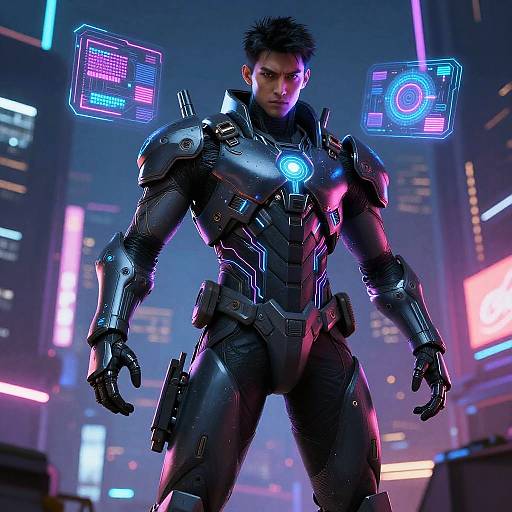 Digital CGI image of a muscular, black-haired man in a futuristic, black armored suit with glowing blue and pink holographic displays, standing in a neon