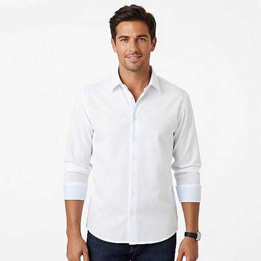 Photograph of a smiling, attractive man with dark hair, wearing a white button-up shirt and dark jeans, standing against a plain white background.