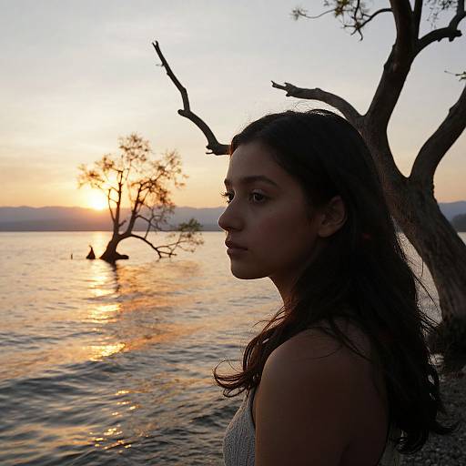 Photograph of a young woman with long dark hair, silhouetted against a sunset over a calm lake, standing beside a twisted tree.