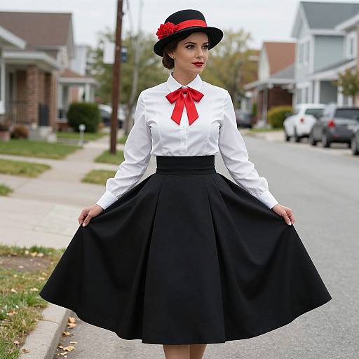 Photograph of a fair-skinned woman with dark hair, wearing a white blouse with red bow, black skirt, and black hat with red ribbon,