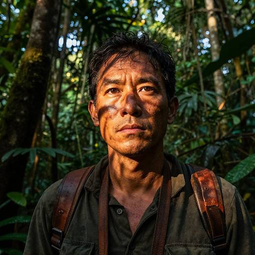 Photograph of a rugged, middle-aged Asian man with sunlit, weathered face, dark short hair, wearing a black shirt and brown backpack,