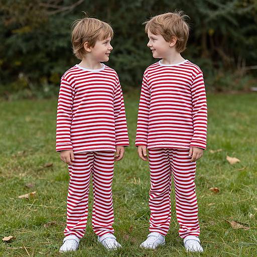 Photograph of two young boys with light brown hair, wearing red and white striped pajamas, standing on green grass, facing each other, smiling,