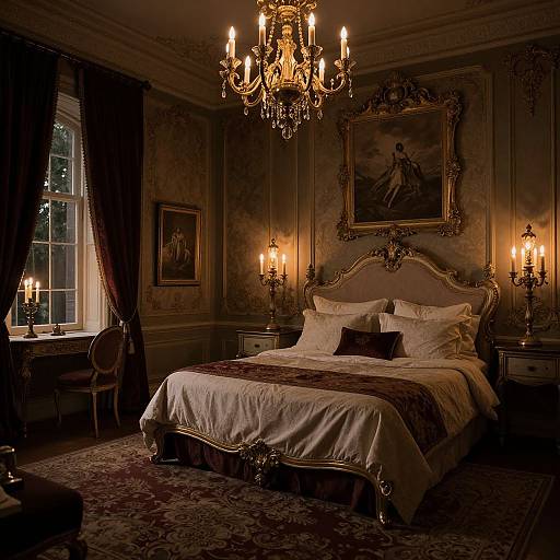 Luxurious Victorian bedroom with ornate chandelier, gold-framed paintings, plush bed, marble lamps, rich red curtains, and patterned rug.