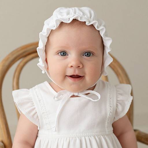 Photograph of a smiling baby with blue eyes, wearing a white frilled bonnet and dress, seated on a wooden chair.