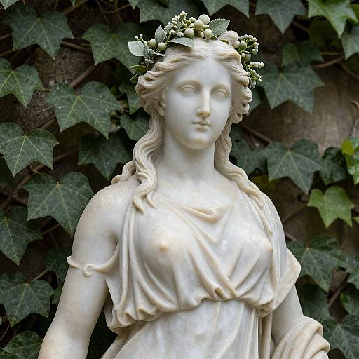 Photograph of a white marble statue of a classical woman with flowing hair, wearing a draped garment, crowned with a floral wreath, set against a