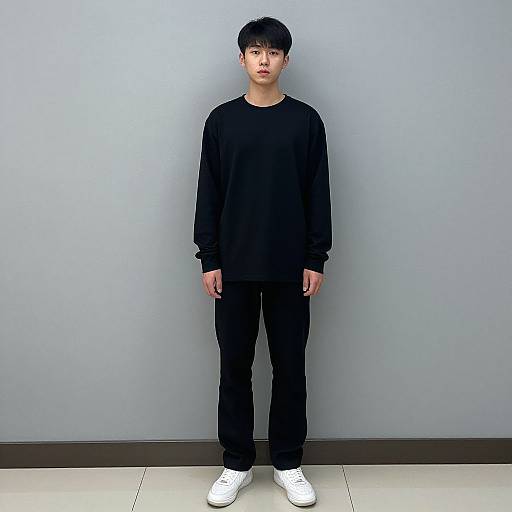 Photograph of an East Asian man with short black hair, wearing a black long-sleeve shirt, black pants, and white sneakers, standing against