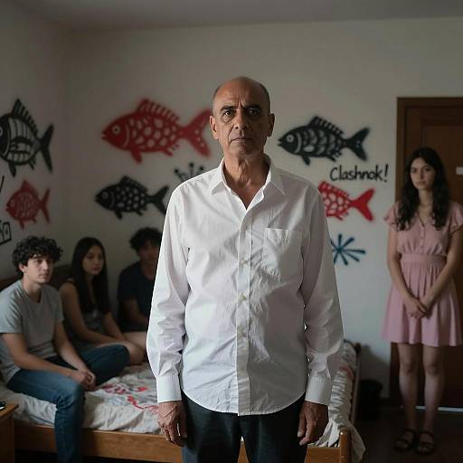 Man Standing in Room with Graffiti Wall and Group of Young Adults