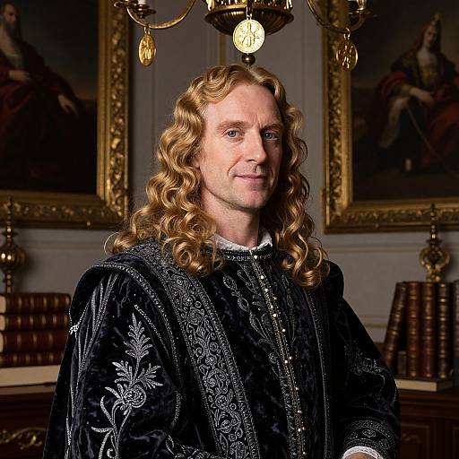 Photograph of a man with long, wavy blonde hair, wearing a black, intricately embroidered velvet robe, standing in a richly decorated,