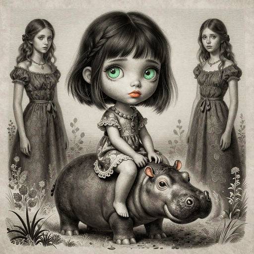 Stylized Girl on Hippopotamus Etching