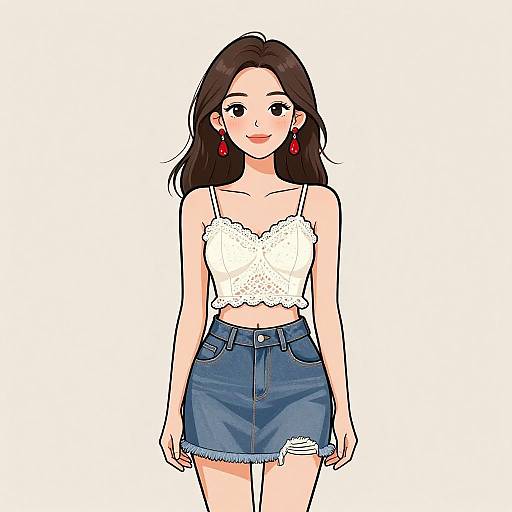 Digital anime-style drawing of a smiling young woman with long brown hair, wearing a white lace crop top and blue denim skirt. Red earrings and white background