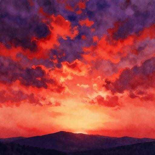 Vivid photograph of a dramatic sunset sky with intense red, orange, and purple clouds over a dark mountain silhouette.