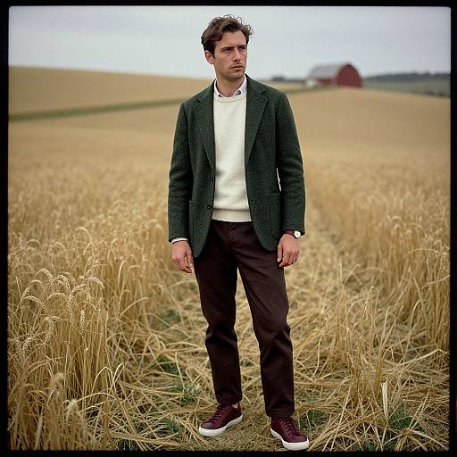 Photograph of a handsome man with short brown hair, wearing a green blazer, white sweater, dark pants, and maroon sneakers, standing in