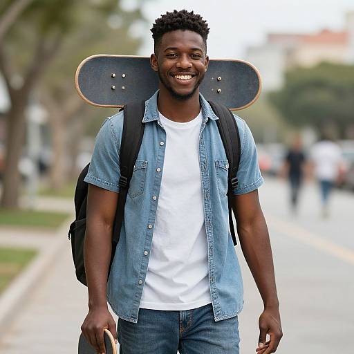 Photograph of a smiling, muscular, young Black man with short curly hair, wearing a denim shirt, white tee, jeans, and backpack with a