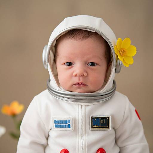 Photograph of a cute baby with fair skin and blue eyes, wearing a white astronaut suit with a yellow flower on the helmet, against a blurred beige