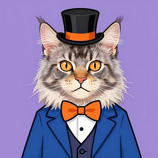Digital illustration of a regal cat with orange eyes, wearing a black top hat, orange bowtie, and blue tuxedo on a lavender background
