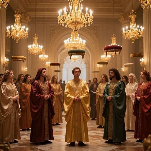 Photograph of a regal hall with ornate chandeliers, featuring a central figure in a golden robe, surrounded by people in medieval-style robes