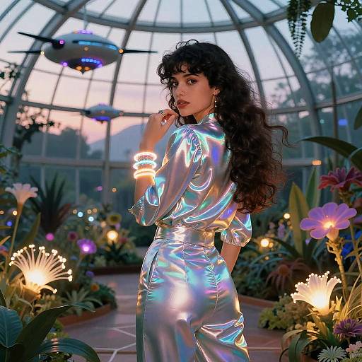 Photograph-style digital art of a curly-haired woman in a shiny, iridescent silver dress, standing in a vibrant greenhouse with glowing plants and a