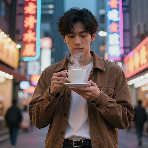 Young Asian man with wavy black hair, brown jacket, white shirt, holding steaming white cup, standing in vibrant neon-lit city street.