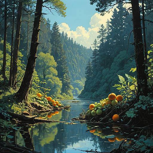 Oranges by River in Lush Forest