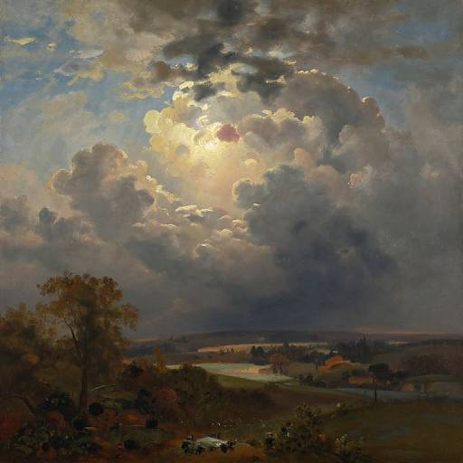 Dramatic oil painting of a cloudy sky with sunlight peeking through, over a rural landscape with trees, fields, and distant houses.