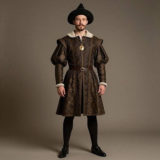 Photograph of a bearded man in a black, ornate Renaissance-style dress with white lace collar, black hat, gold necklace, black pants,