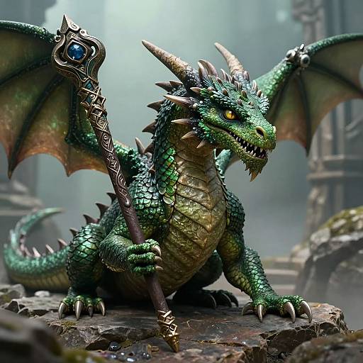 CGI fantasy dragon with green scales, yellow eyes, and gold horns, holding an ornate staff with a blue gem, in a misty,