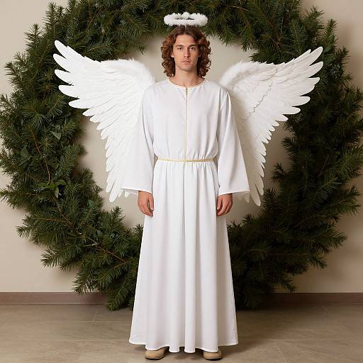 Photograph of a young man with curly brown hair, wearing a white angel costume with wings and halo, standing in front of a green Christmas wreath