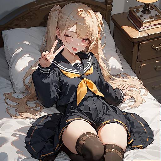 Anime-style digital drawing of a blonde girl with long twin-tails, winking, making a peace sign, wearing a navy school uniform, orange neck
