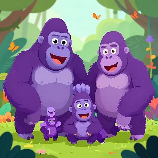 Cartoon illustration of a purple family of gorillas with smiling expressions, standing in a vibrant, colorful forest with butterflies and flowers.