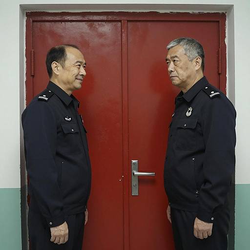 Two Men in Uniforms Facing Each Other by Red Door
