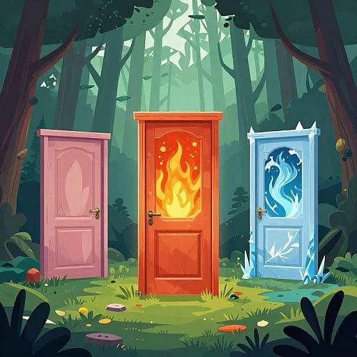 Digital illustration of three doors in a forest: pink, red with fire, blue with ice; surrounded by lush greenery.