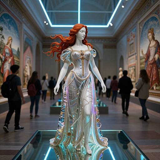 Photograph of a red-haired, white-skinned, silver-dress mannequin with intricate, glowing patterns in a museum gallery, surrounded by blurred