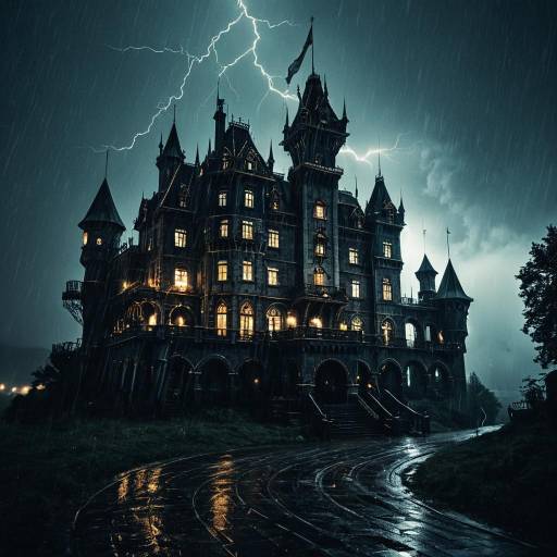Steampunk Castle in Thunderstorm Night