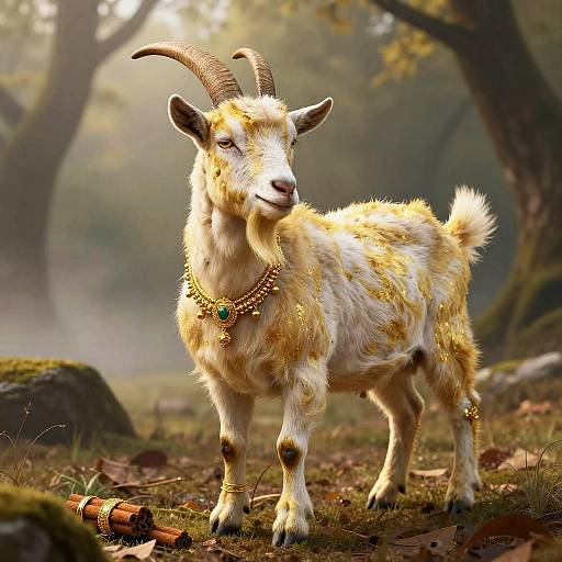 Regal Goat with Gold-Flecked Wool in Misty Forest
