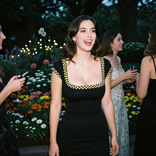 Photograph of a smiling woman with dark hair in a black dress with yellow trim, standing in a garden at night, surrounded by other women in elegant