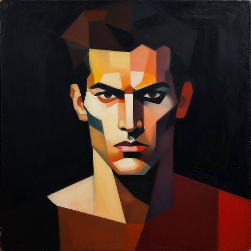Geometric, digital portrait of a serious young man with sharp features, highlighted in warm colors, against a dark background.